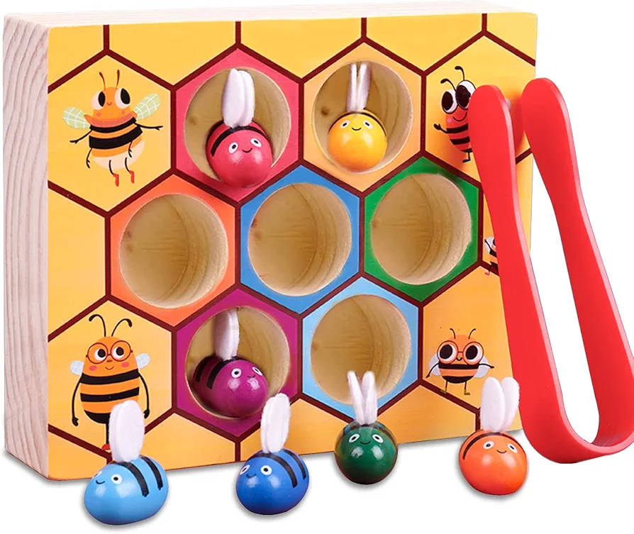 Toddler Fine Motor Skill Toy, Bee to Hive Matching Game, Montessori Wooden Color Sorting Matching Toy, Preschool Educational Learning Toys Gift for Toddler 2 3 Years Old