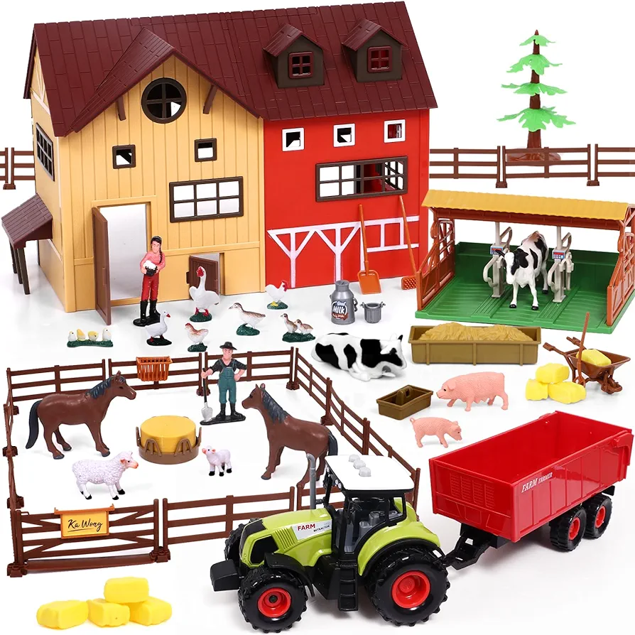 Tacobear Barn Farm Animal Toys for Kids Toddlers, Farm Toys with Big Farm House Tractor Truck, Farm Figures Fence Horse Stable Playset, Educational Learning Toys Birthday Gift 3-12 Year Old Boys Girls