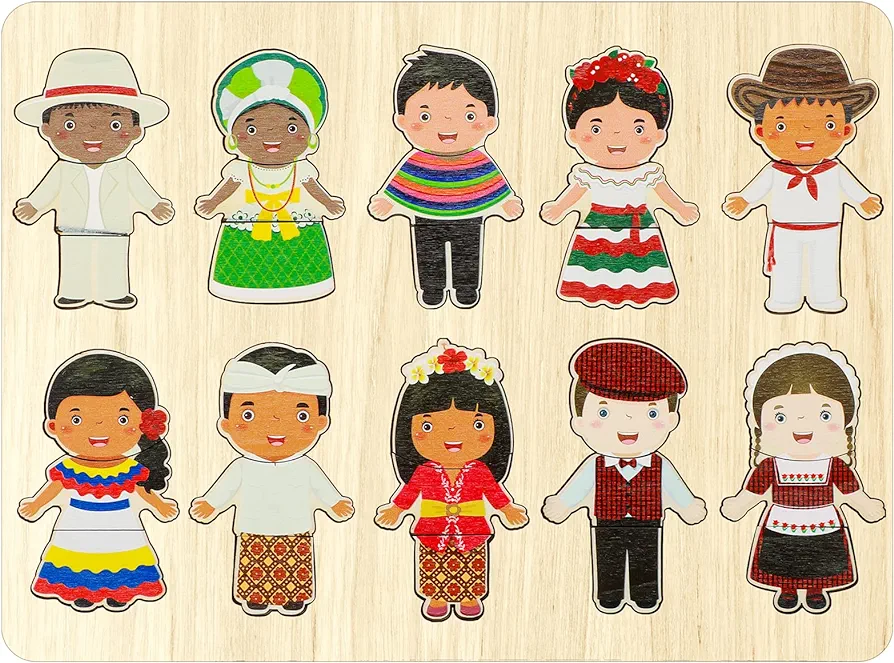 Wooden Multicultural Puzzles for Kids Interchangeable Dress Up Diversity Wood Peg Puzzles Preschool World Puzzles