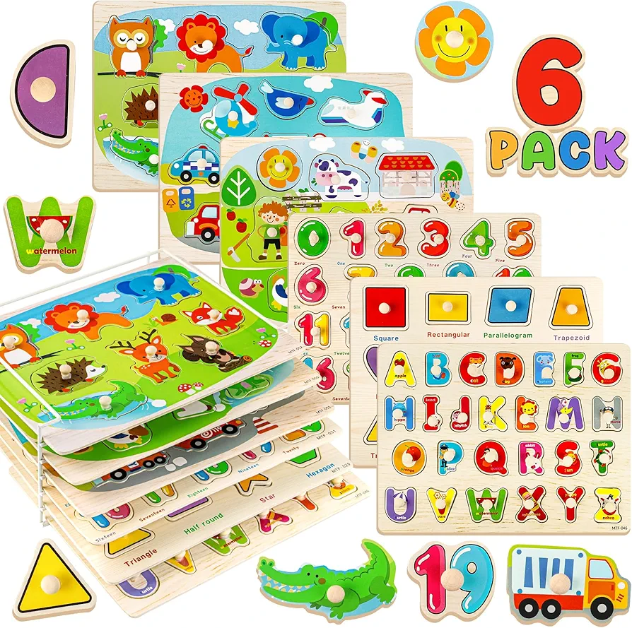 6 Pack Wooden Puzzles for Toddlers, Peg Toddler Puzzles Include Alphabet Number Shape Animals Vehicle Farm Puzzles with Storage Rack Preschool Educational Learning Toys for 1 2 3 4 5 Boys Girls