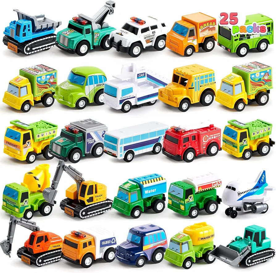 JOYIN 25 Pieces Pull Back Cars and Trucks Toy Vehicles Set for Toddlers, Girls and Boys Kids Play Set, Die-Cast Car Set, Kids Party Favors, Stocking Stuffers, Kids presents Toys