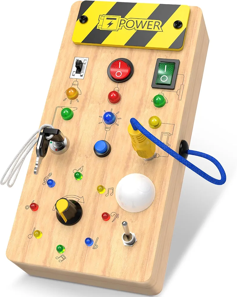 Montessori Toddler Toys-Baby Wooden Busy Board-Sensory Toys with Light Switch-Baby Travel Toys-Preschool Educational Learning Activities Toys-Gifts for Boys Girls Ages 1 2 3 4+ Year Old