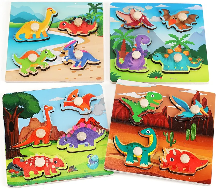 Wooden Peg Puzzles for Toddlers 1-3, Kids Educational Preschool Peg Puzzle Toy Ages 2-4, Set of 4 Dinosaur Toddler Puzzles, Ideal Gift for Ages 1 2 3 4 Boys and Girls