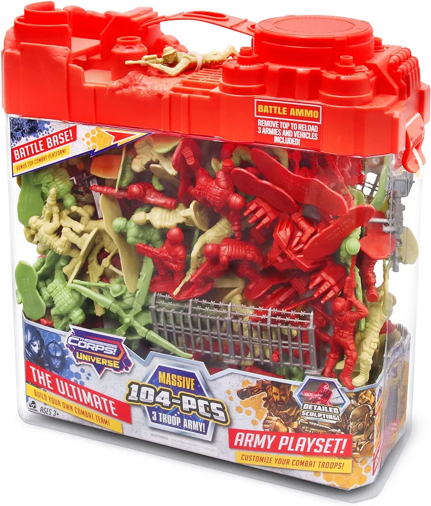 Lanard The Corps! Universe Army Playset - 104 Pieces, 3 Troop Army Set, Battle Base Lid, Carry Handle Case, Kids Ages 3+