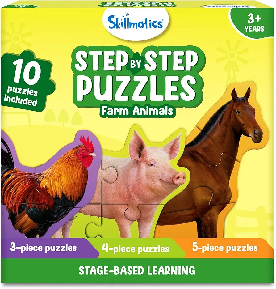 Skillmatics Step by Step Puzzle - 40 Piece Farm Animal Jigsaw & Toddler Puzzles, Educational Montessori Toy for Boys & Girls, Gifts for Kids Ages 3, 4, 5 and Up