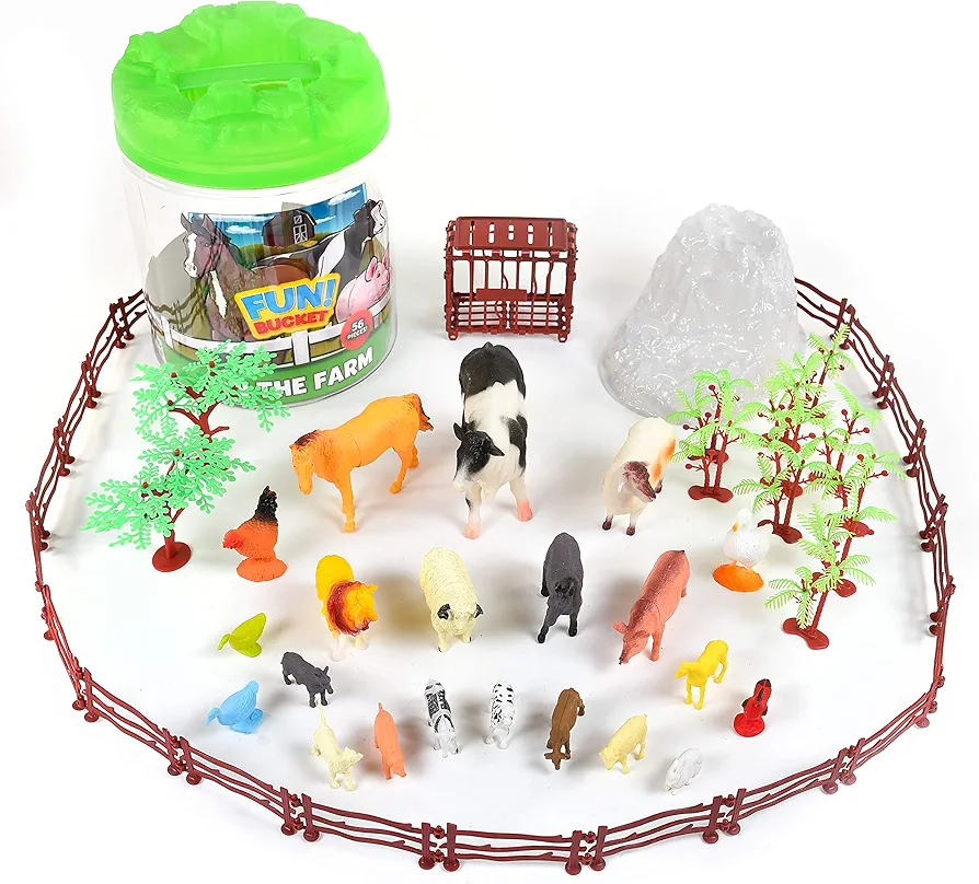 Sunny Days Entertainment Farm Animals Bucket – 56 Piece Toy Play Set for Kids | Horses and More Plastic Figures Playset with Storage Bucket