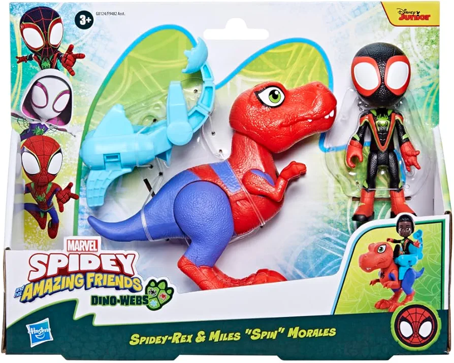 Spidey and his Amazing Friends Marvel Dino-Webs Spidey-Rex & Miles “Spin” Morales 4-inch-Scale Spider-Man Action Figure Set, Toys for Kids