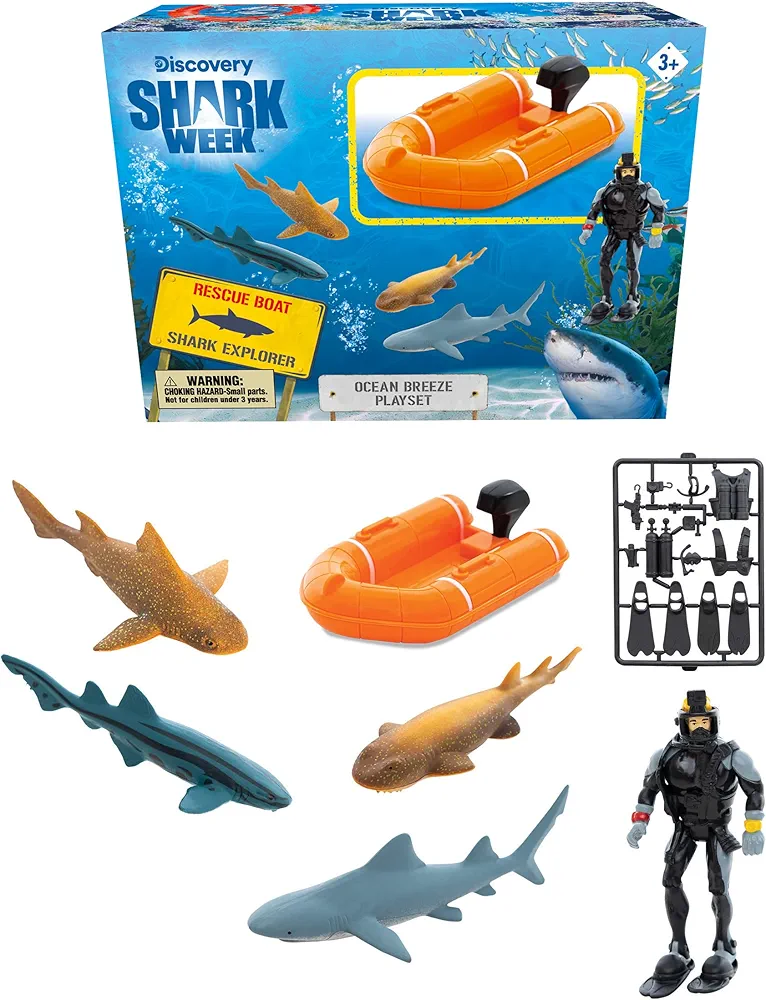 Shark Week Discovery Ocean Breeze Playset, Rescue Boat, Action Figure Diver, Realistic Shark Toy Set, Birthday Party Favors for Kids