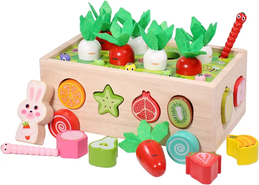 Farm Orchard Cart Montessori Toys for 1，2, 3 and 4 Year Old Boys and Girls Carrot Harvest Game Wooden Shape Sorting Toy Gift for Toddlers Preschool Learning Fine Motor Skills Game (Fruits)