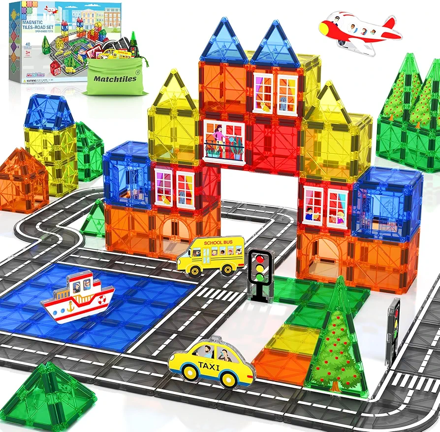 Magnetic Tiles Road Set with Cars, Magnetic Blocks Toys for Toddlers STEM Preschool Toys Ages 4-6 5-7, Gifts for 3+ Year Old Boys Girls Kids Toys, Magnet Building Blocks Expansion Pack