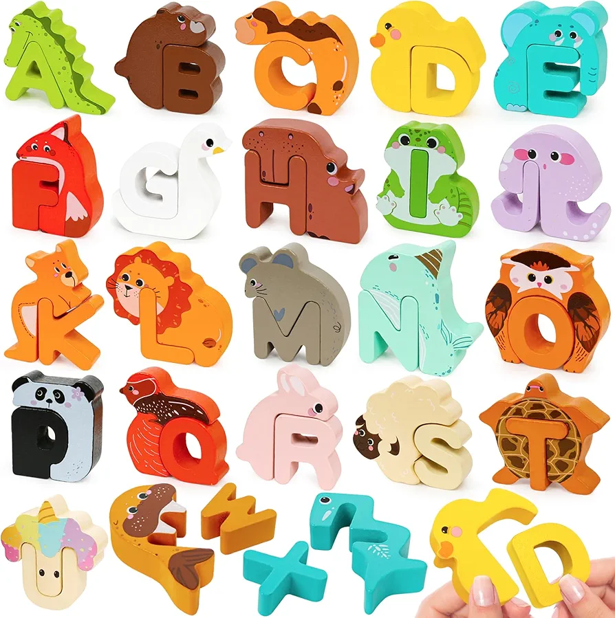 Wooden Alphabet Puzzle ABC Letter Animals Puzzles for Toddlers Montessori Sorting Blocks Board Preschool Matching Game Jigsaw Educational Early Learning Toy Gifts for Kids Boys Girls Ages 3-5