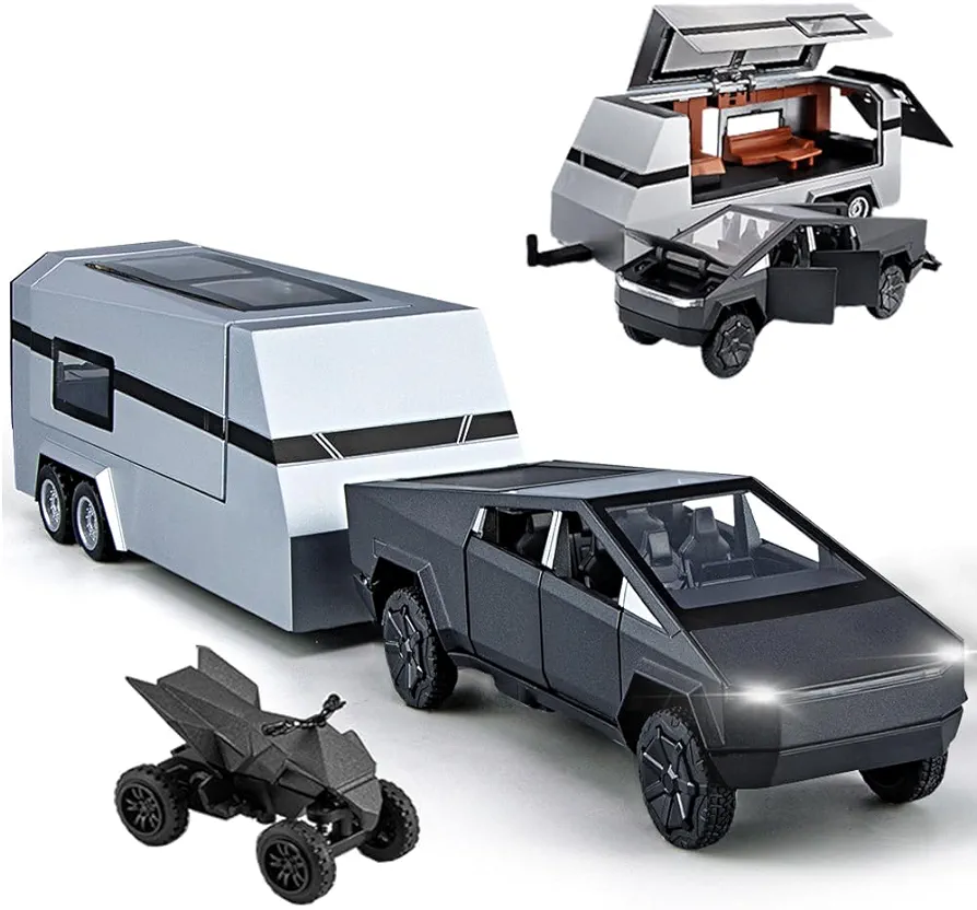 Pickup Trailer RV Model, Metal Pick-Up Truck Trailer Toy with Motorcycle, Toy Truck with Sound/Light/Pull Back/Realistic Interior Exterior,Ideal Toy Car Vehicle Gifts (1/32 Black Pickup Trailer RV)