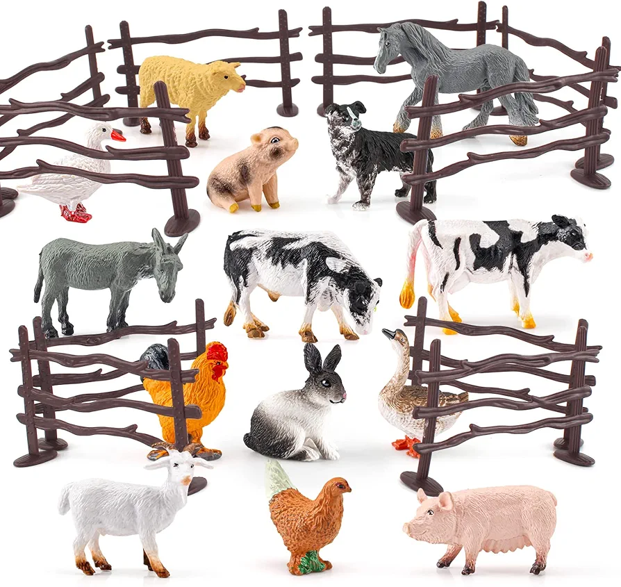 Atralo Service Realistic Mini Farm Poultry Animal Model Playsets 24 PCS Pig Figurines Fence Figures Toy Desktop Decoration Collection Party Favors Toys for Boys Girls Kids