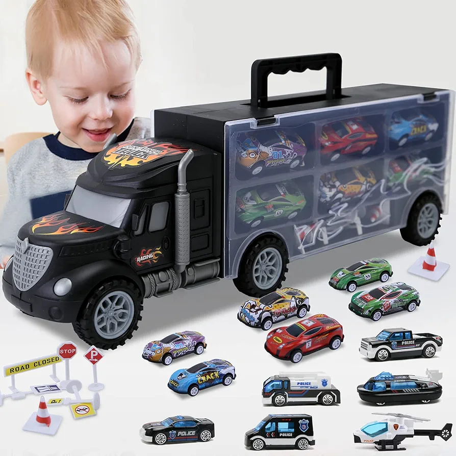 Toddler Toys for 3-4 Year Old Boys,Large Transport Cars Carrier Set Truck Toys with 12 Die cast Vehicles Truck Toys Cars,Ideal Christmas Easter Gifts Toys for Kids Age 3-7