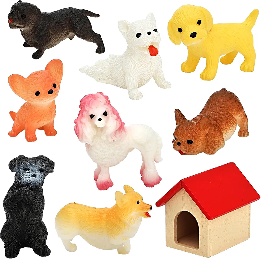 ONEST 9 Pieces Mini Dog Figurines Playset Dog House Hand Painted Tiny Dogs Realistic Detailed Plastic Puppy Figures Toys for Kids Adults