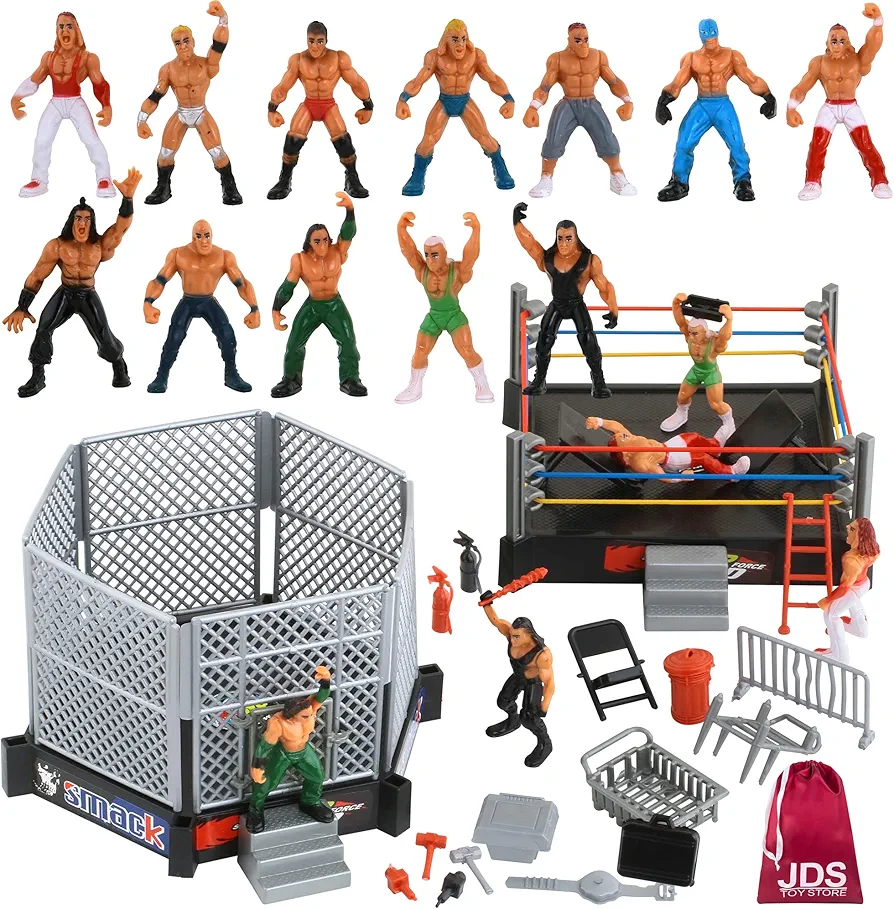 32-Piece Mini Wrestling Playset with Action Figures and Accessories - Kids Toy with Realistic Wrestlers - 2 Rings Included