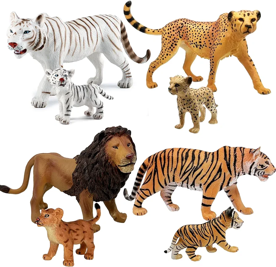 Gemini&Genius 8PCS 2-5" Plastic Jungle Animals Figure Playset, Realistic Tigers, Lions, Leopards Figurine with Cub, Wild Animal Cake Toppers Christmas Birthday Toy Gifts for Kids Toddlers