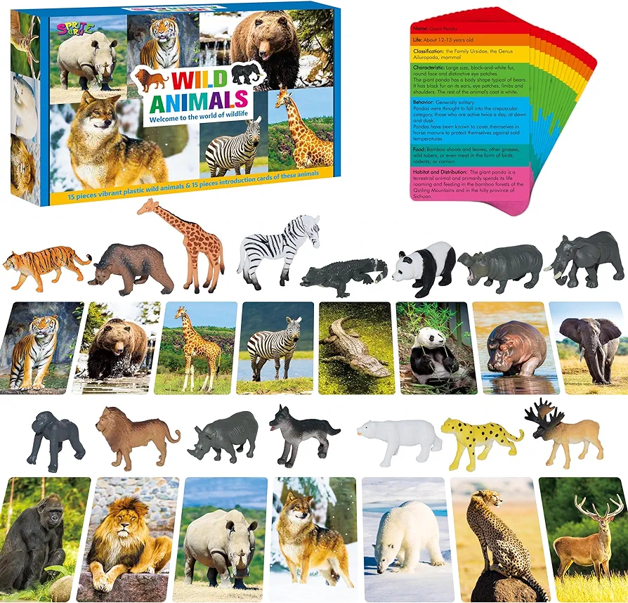 15 PCS Safari Animal Figurines with 15 Introducing Flashcards, Realistic Zoo Animal Figures Montessori Toys Science Educational Matching Game for Homeschool Preschool Toddler Kids