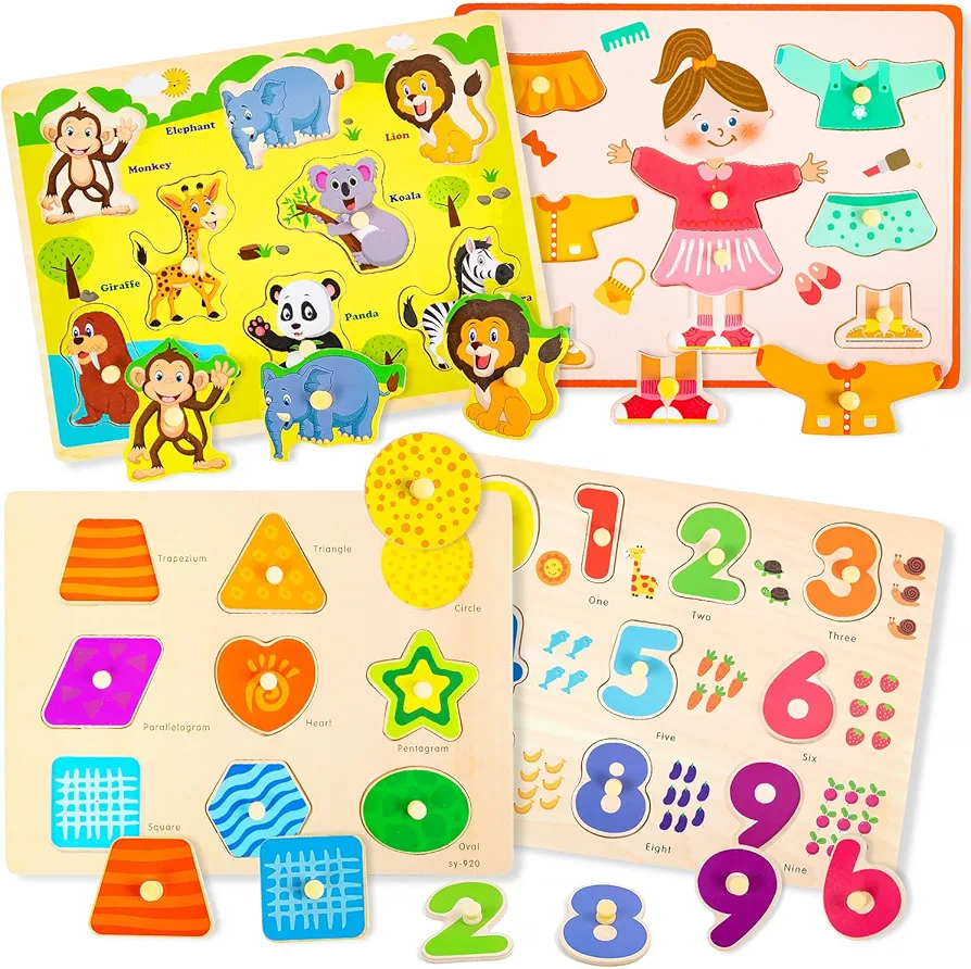 Wooden Peg Puzzles for Toddlers 1-3 Montessori Baby Learning Toys 4 PCS Educational Wooden Puzzles Numbers Shapes Animals Traffic and Clothes Great Preschool Gifts for Ages 1 2 3 Girls and Boys