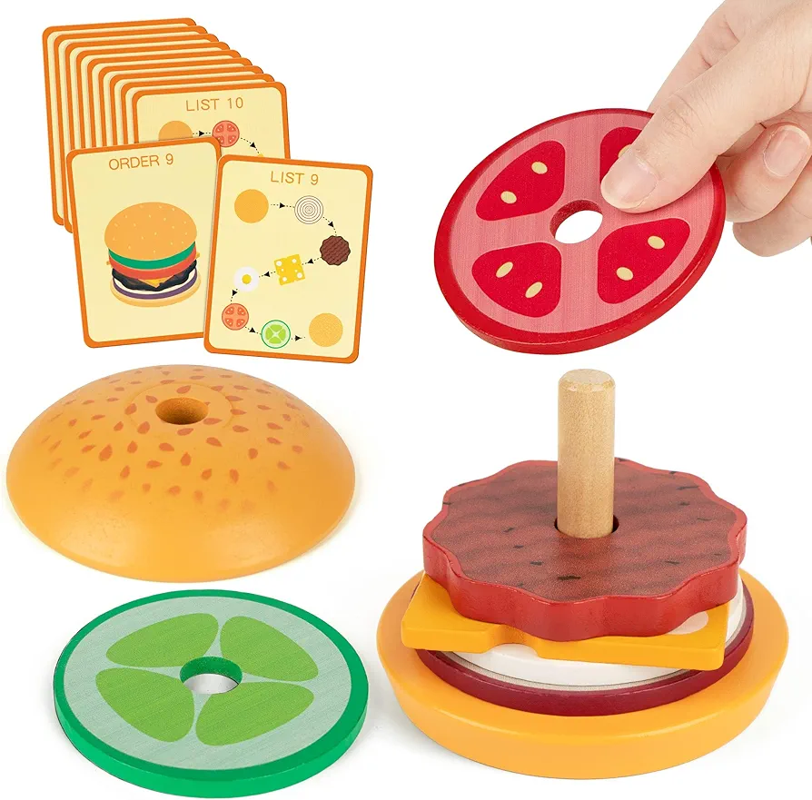 Vanmor Wooden Stacking Burger Montessori Toy for 3+ Years Old, Pretend Playing Food Hamburger Puzzle Pattern Games, Educational Activities Teaching Tool for Preschool Fine Motor Skills for 3 4 5