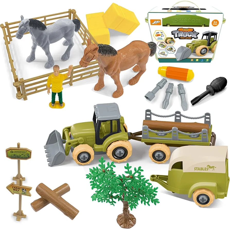 Farm Toys Tractor with Trailer, Take-Apart Tractor Playset, Trailer, Farm Animals, Farmer Figures, Screwdriver with Portable Case, Educational Toy for Boys Girls Ages 3 and Up Birthday Gifts