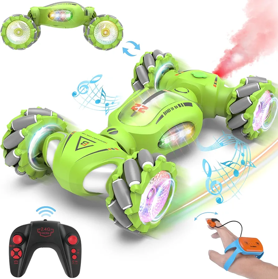 Gesture Sensing RC Stunt Car Toys for 6-12 Boys Girls, 2.4Ghz 4WD Hand Controlled RC Car with Light & Music & Spray, Double-Sided 360° Rotating Gesture RC Car Gifts for Kids 6-8 8-12