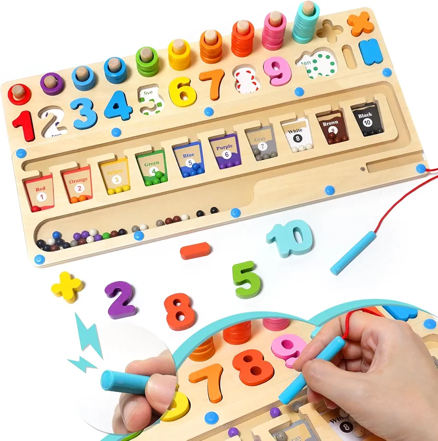 3 in 1 Montessori Toys for 3+ Year Old, Magnetic Color and Number Maze, Educational Counting Number & Shape Wood Board, Preschool Learning Game Board Toys for Kids Gifts