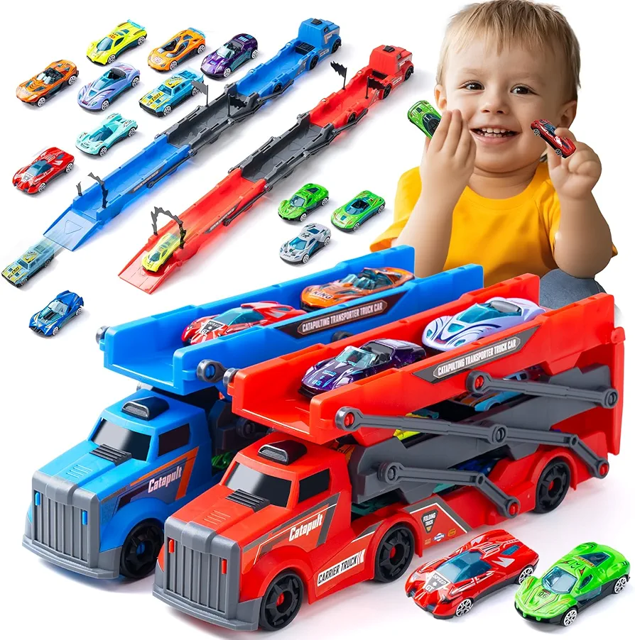 2 Pack Carrier Truck Toys for Kids,2-in-1 Race Truck and 12 Die-Cast Metal Toy Cars Sets, Foldable Transport Truck Car Toys Playset& DIY Flags, Truck Toy Gift for 2 3 4 5 Years Old Boys and Girls