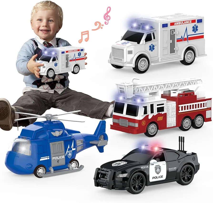 Car Toys for 3 Year Old Boys,4 Packs Emergency Vehicle Toys with Lights and Siren Sound,Including Fire Truck, Ambulance Toy, Play Police Car and Toy Helicopter,Toys Gifts for Toddler Kids Boys