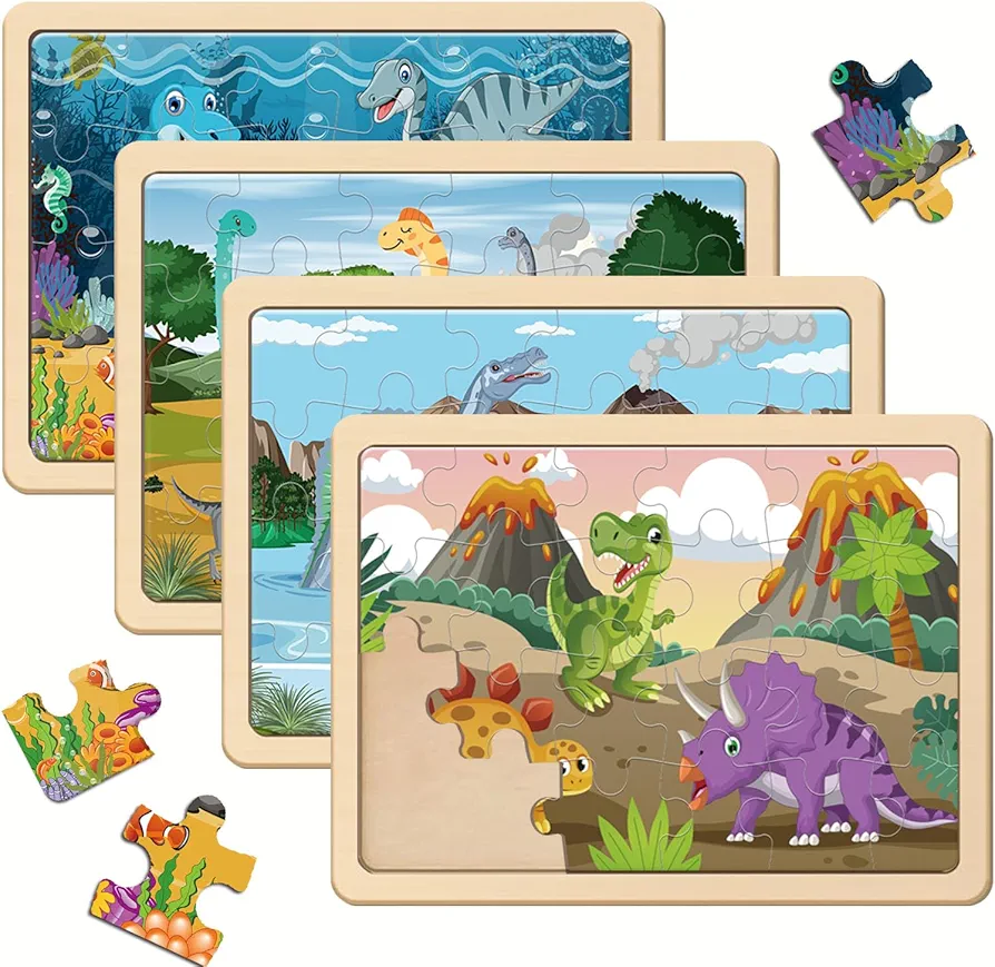 Puzzles for Kids Ages 4-6, 4 Pack Wooden Jigsaw Puzzles with 24 Pieces Each, Dinosaur Puzzle Preschool Educational Learning Toys Set for Boys and Girls