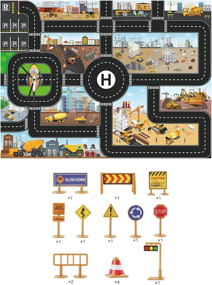 Jenilily Traffic Road Signs Toys & Construction Play Mat for Vehicle Set, Play Car Accessories Toys