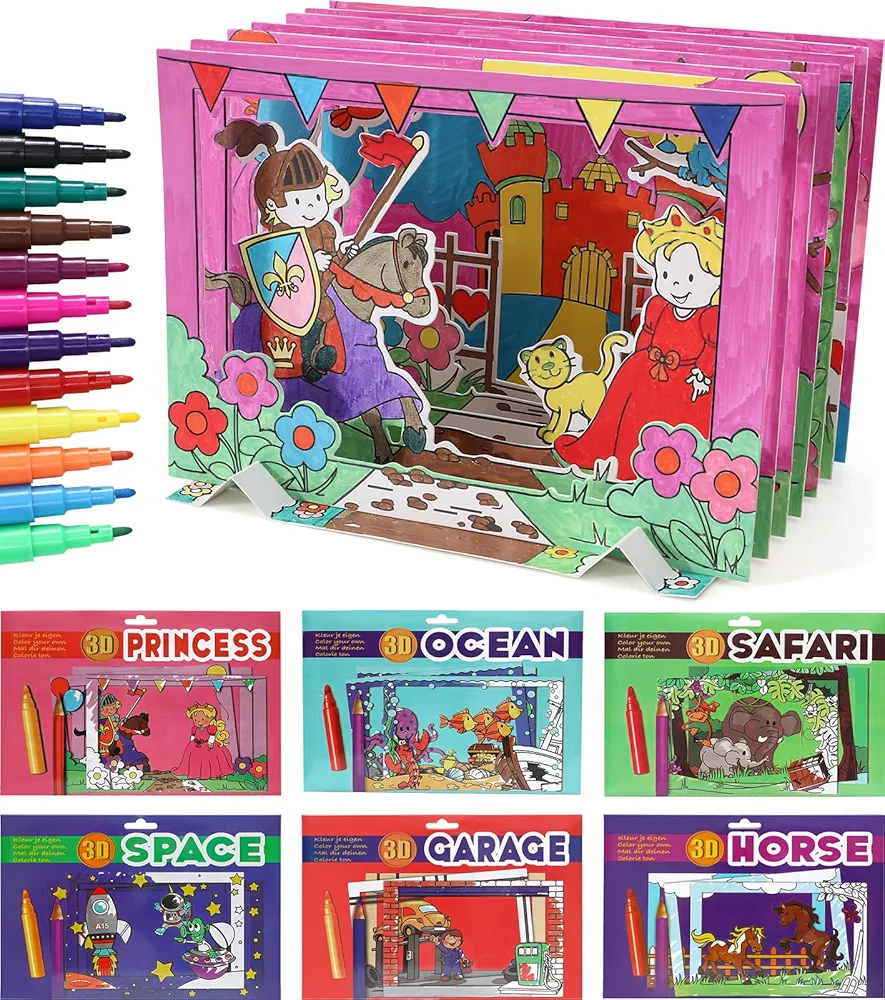 Golray 48Pcs Coloring Book Bulk Arts and Crafts for Kids, DIY Art Kit Toy with Art Supplies 12 Color Marker Pens, 6 Themed Scenes in One, Coloring Books for Kids Ages 4-8 Birthday Preschool Gifts