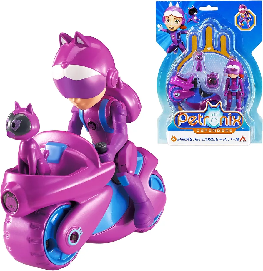 Alpha Group Petronix Defenders Emma's Pet Mobile,with 4 Removable Accessories 3’’ Figure, Little Cat Figures, Motorcycle and Backpack,Kids Toys for Boys and Girls Ages 3 and up