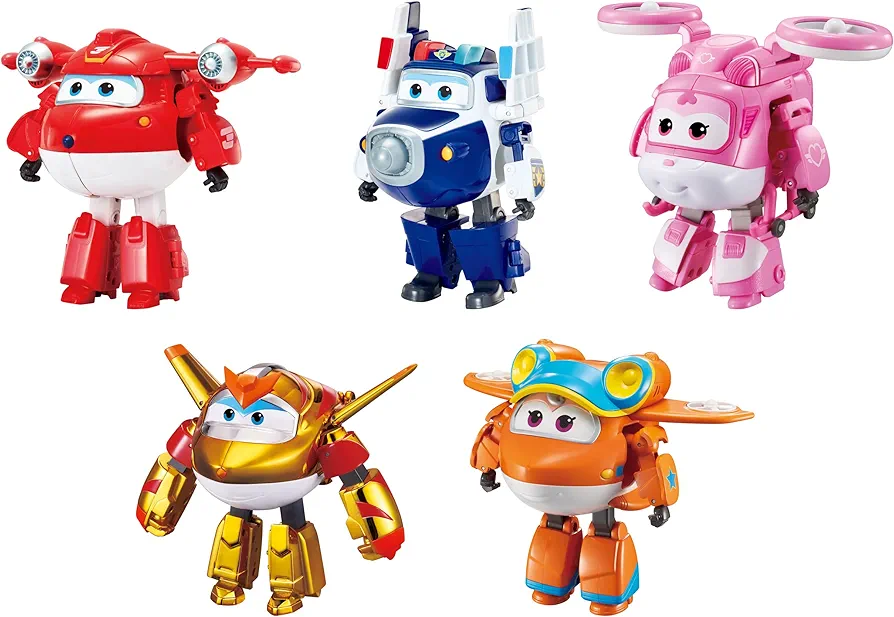 Super Wings 5" Transforming Toys 5-Pack, Supercharged Jett, Supercharged Paul, Supercharged Dizzy, Golden Boy & Sunny Airplane Toys Action Figures, Preschool Toy Plane for 3 4 5 Year Old Kids