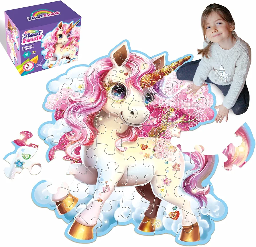 Jumbo Shimmery Floor Puzzle for Kids,Unicorn Jigsaw Large Puzzles,45 Piece Unicorn Puzzle for Toddler Ages 3-5,Children Learning Preschool Educational Toys,Birthday Gift for 4-8 Years Old