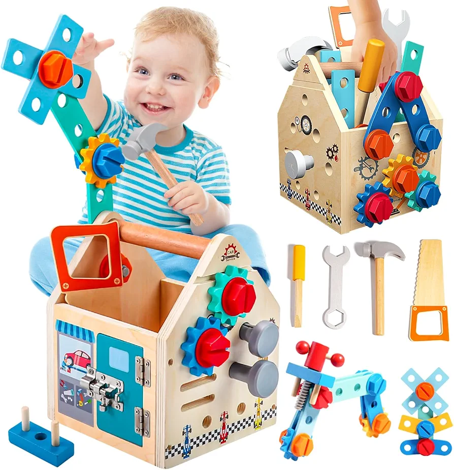 Toddler Tool Set - 33 PCS Wooden Kids Tools with Box / Bench / Tool House, Montessori Educational Pretend Play Preschool Toys Gifts for 2 3 4 5 Year Old Boy Girl Kids, STEM Fine Motor Skills Tool Set