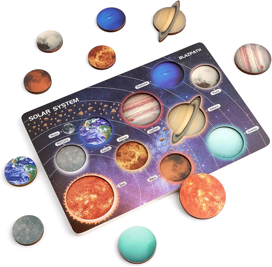 Planet Solar System Space Wooden Puzzle Toys for Kids Toddler 3-5, Preschool Solar System Planets Wooden Matching Board Space Activities for Classroom - Solar System Planet Knowledge Learning