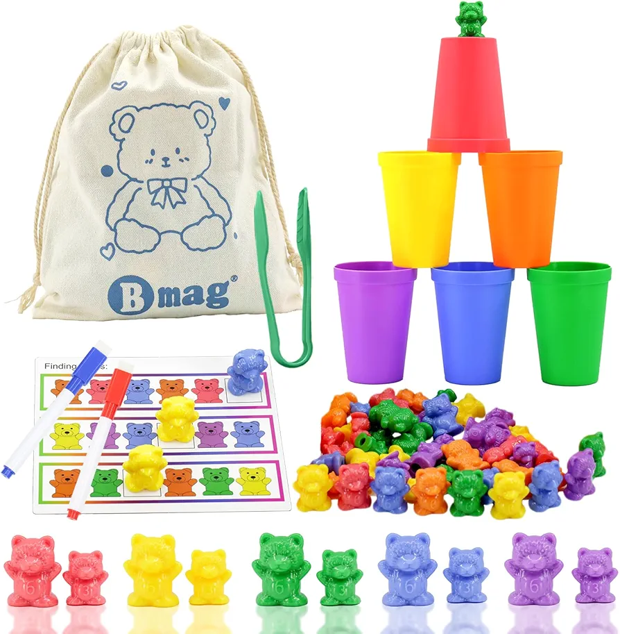 Bmag Counting Bears with Matching Sorting Cups, Preschool Math Learning Game with 24 Big Bears, 24 Little Bears, STEM Educational Learning Activities Gifts for Kids Age 3 4 5 Year Old