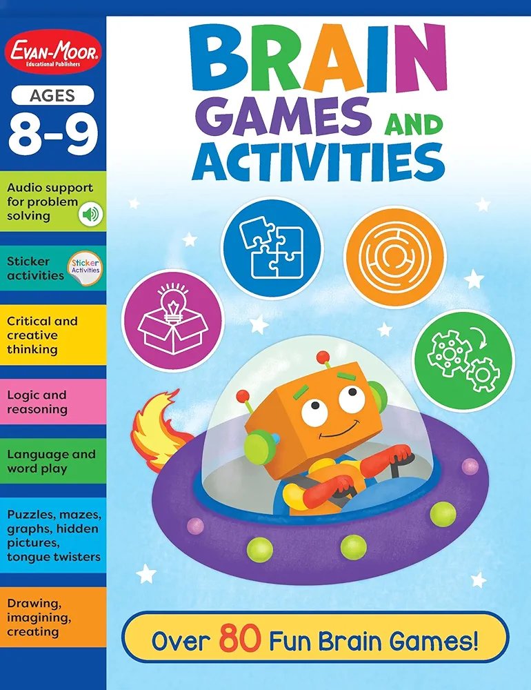 Evan-Moor Brain Games and Activities for Kids, Ages 8-9, Workbook, Hidden Pictures, Mazes, Sticker Activities, Logic Puzzles, Tongue Twisters, Audio, Secret Codes, Critical Thinking, Word Play