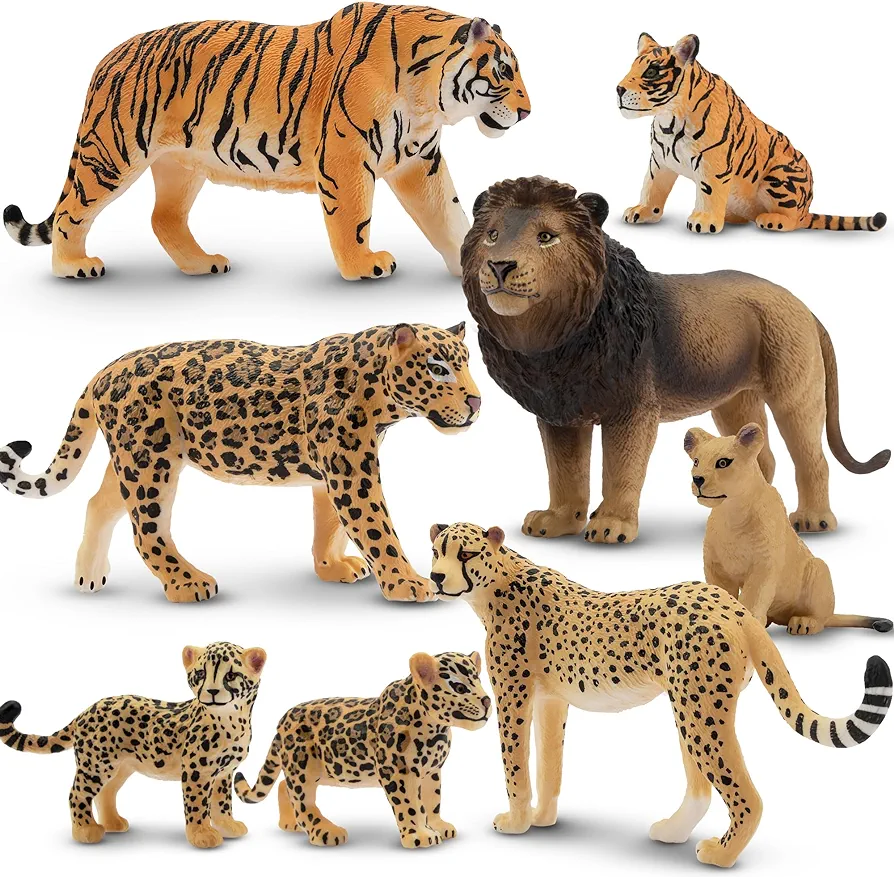 Toymany 8PCS 2-5" Plastic Jungle Animals Figures Playset Includes Baby Animals, Realistic Lion, Tiger, Cheetah, Leopard Figurines with Cubs, Cake Toppers Christmas Birthday Toy Gift for Kids Toddlers