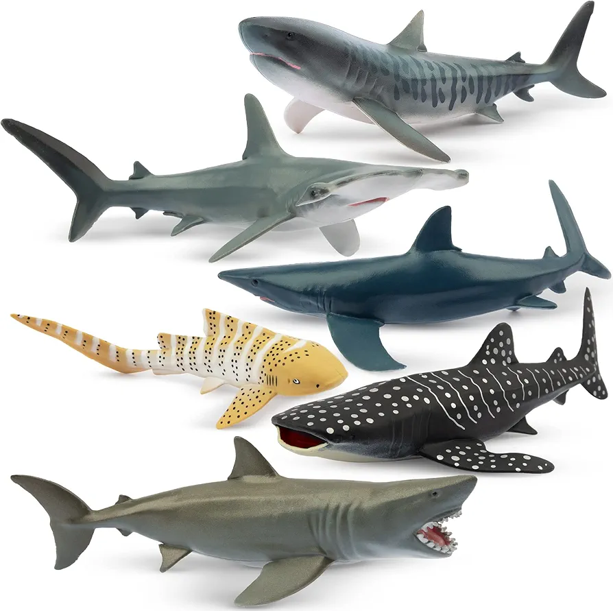 Toymany 6PCS 5-6" L Realistic Shark Bath Toy Figurines, Plastic Ocean Sea Animals Figures Set includes Whale Shark,Tiger Shark,Mako Shark, Cake Toppers Christmas Birthday Gift for Kids Toddlers