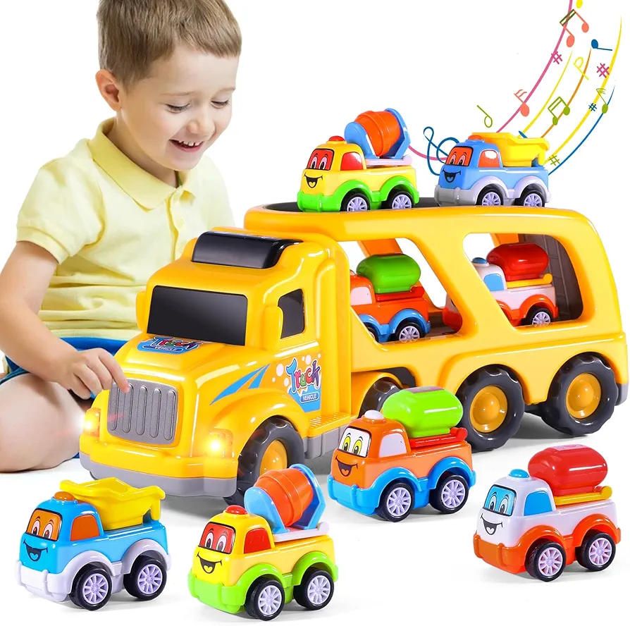 IHAHA Toy Trucks Car for Toddlers Boys, 5 in 1 Carrier Truck Car Construction Vehicles Toys for Kids Boys Girls Toddlers Birthday Gifts, Car Trucks Boys Toys with Light Sound