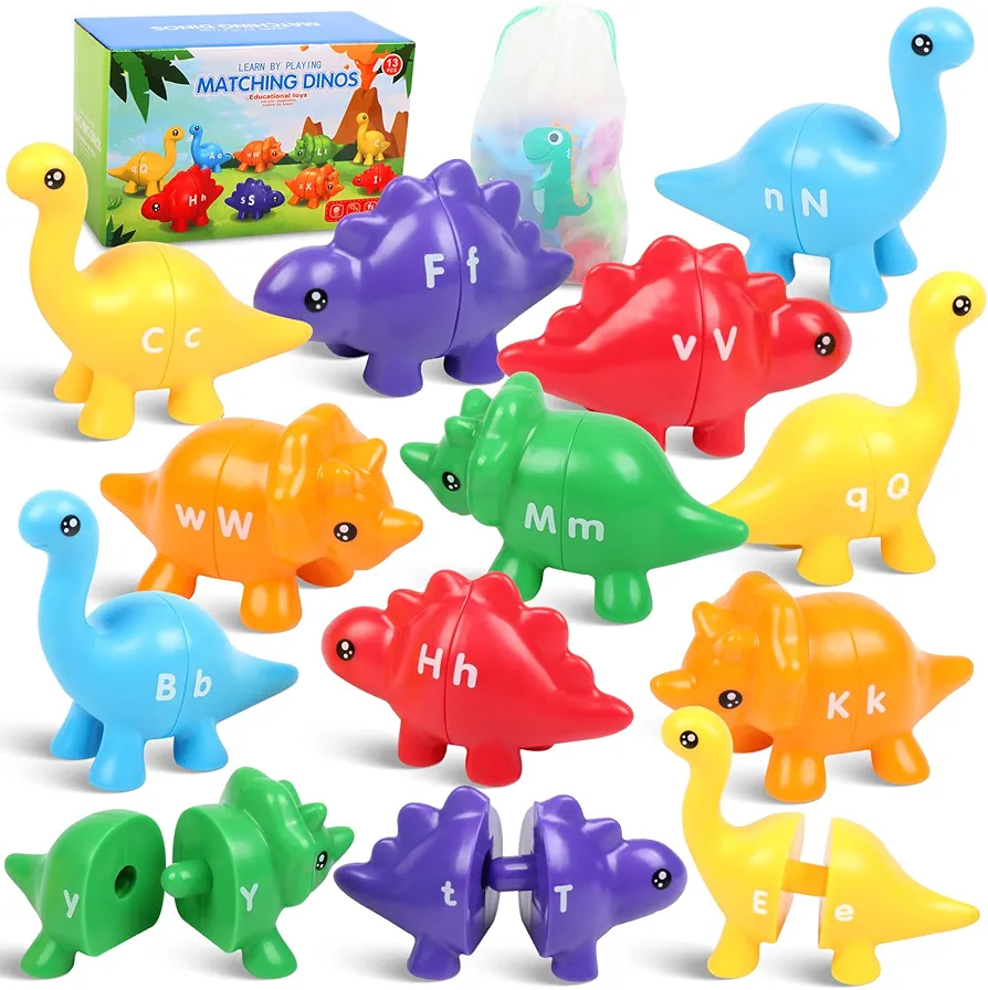 Letters Matching Game Dinosaur Toys 26 Letters Double-Sided ABC Alphabet Match Uppercase Lowercase, Montessori Learning Toy Educational Fine Motor Skill for 12 Months Toddlers Kids 1 2 3 4 5 Years Old