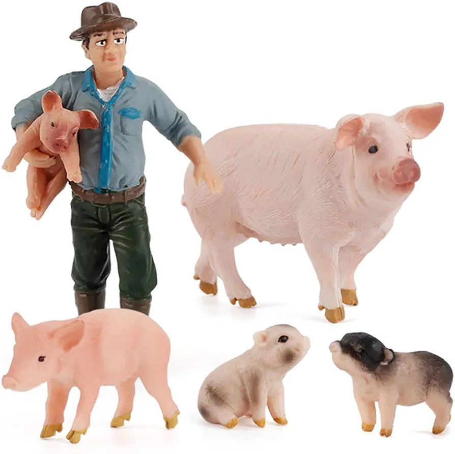 5 Pcs Realistic Farm Pig Animals Model Figure Toy Set,Barn Farm Pig Figurines Collection Playset with Farm Keepers, Preschool Science Educational Learn Cognitive Props