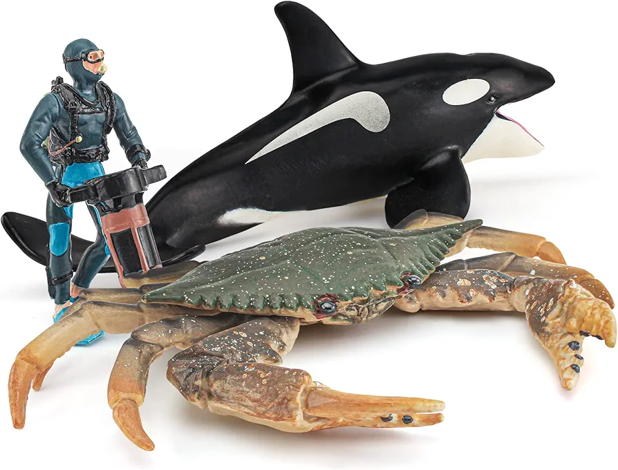 Ocean Sea Marine Animal Figure Toys Playsets 3 PCS Diver Killer Whale Green Crab Model Toy Desktop Decoration Collection Party Favors Toys for Boys Girls Kids