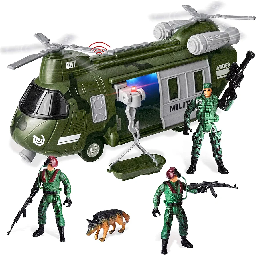 JOYIN Military Vehicles Toy Set of Friction Powered Transport Helicopter with Light and Sound Siren, and Soldier Army Men Action Figures for Kids