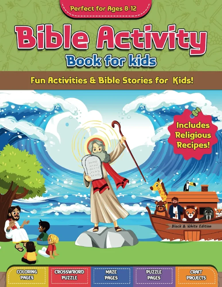 Bible Activity Book for Kids: Christian Coloring Book | Engaging Stories, Verses, Puzzles, Crafts and More | Fun Interactive Workbook for Girls and Boys Ages 8-12 | Black and White Edition