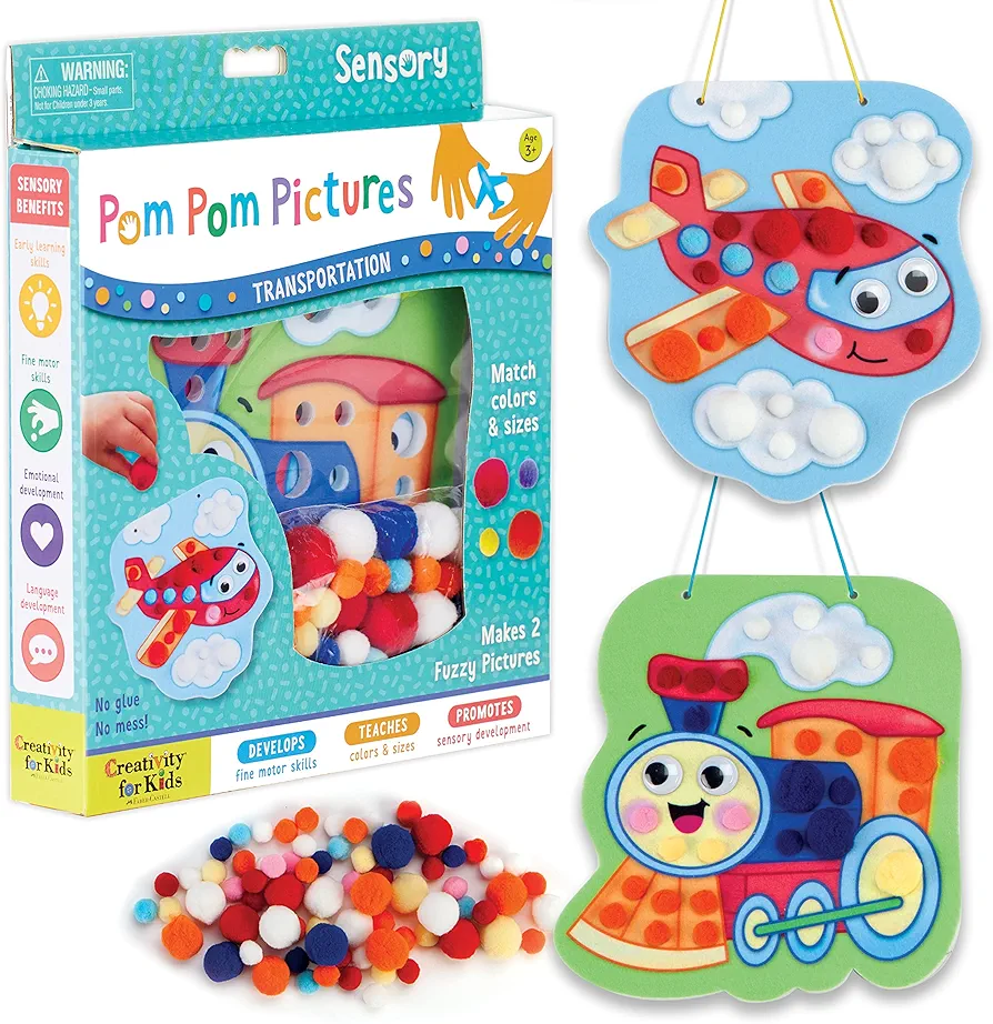 Creativity for Kids Pom Pom Pictures: Transportation - Train and Plane - Preschool Learning Activity, Sensory Toys for Toddlers Ages 3-4+