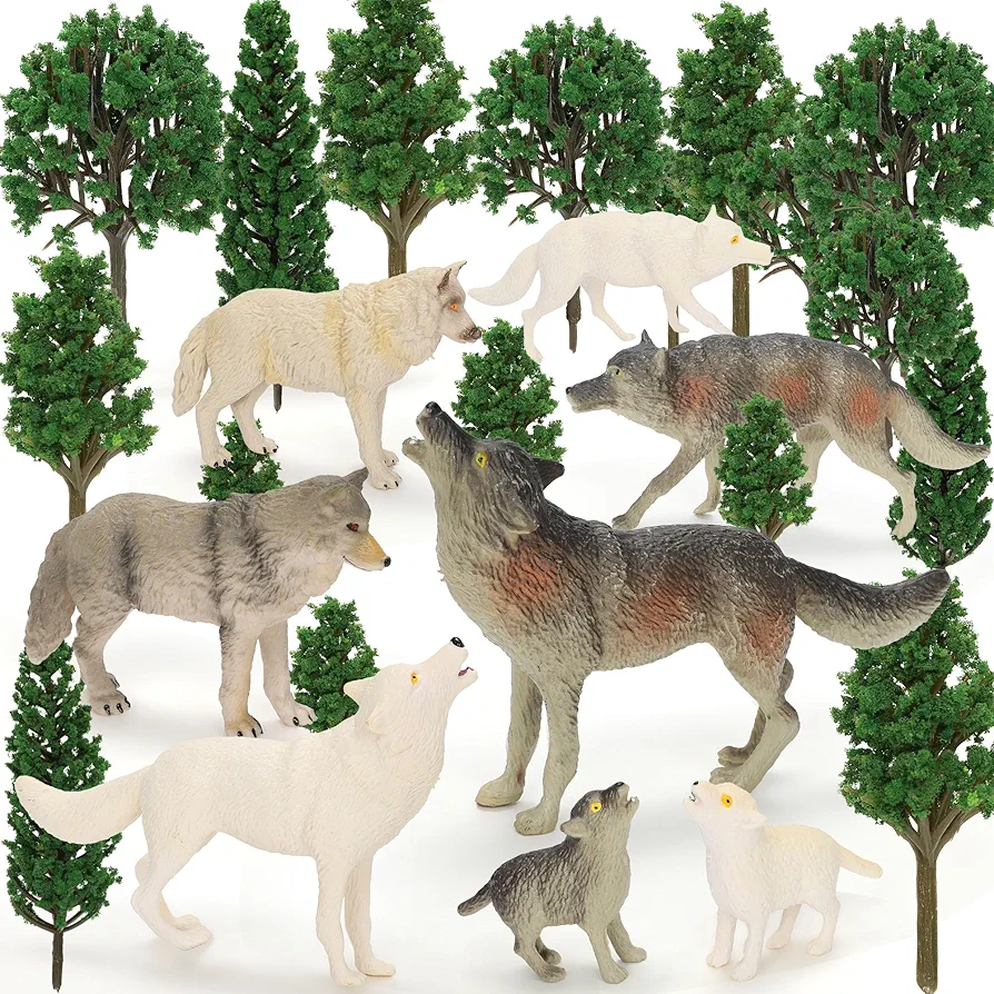 23PCS Wolf Figures Toy Set - Realistic Wolf Figurines & Model Trees, Forest Animal Figures for Diorama Cake Toppers, Kids Educational Toys, Woodland Decorations, Jungle Party Supplies