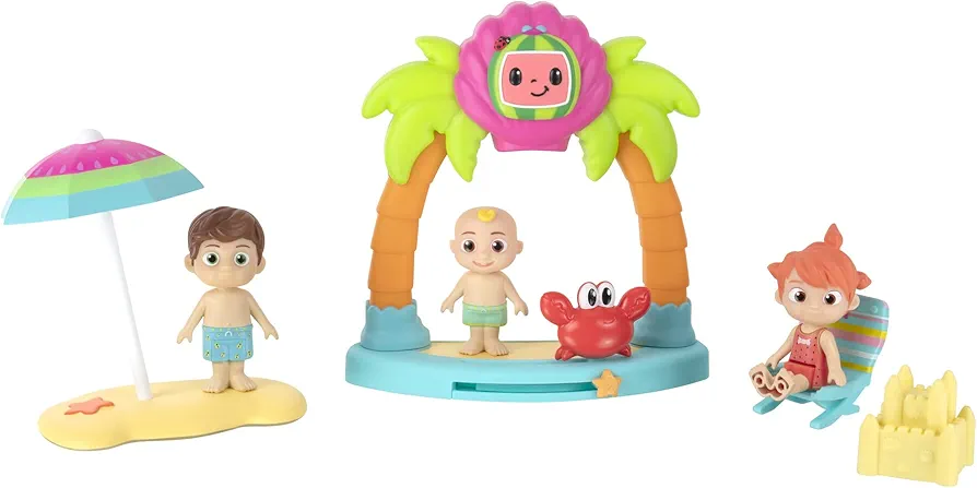 CoComelon Family Beach Time Fun Playset - Features JJ, Tomtom & YoYo with Sandcastle, Umbrella, Beach Chair, Towel, Beach Playset